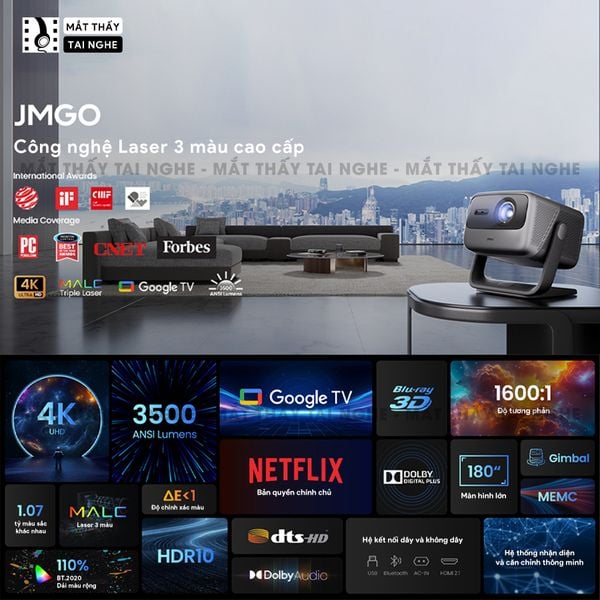 JMGO N1s Ultimate 4K - Máy chiếu thông minh tích hợp Google TV và hỗ trợ Netflix chính chủ, độ phân giải 4K UHD 3840x2160p, độ sáng 3500 Ansi lumens
