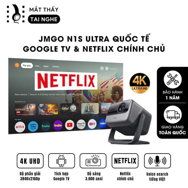 JMGO N1s Ultra Quốc tế - Máy chiếu thông minh tích hợp Google TV và hỗ trợ Netflix chính chủ, độ phân giải 4K UHD 3840x2160p, độ sáng 3.000 Ansi lumens