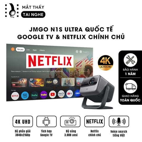 JMGO N1s Ultra Quốc tế - Máy chiếu thông minh tích hợp Google TV và hỗ trợ Netflix chính chủ, độ phân giải 4K UHD 3840x2160p, độ sáng 3.000 Ansi lumens