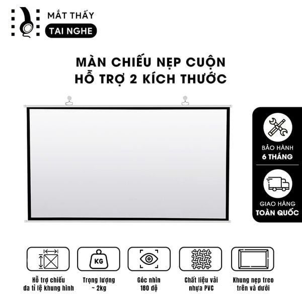 Màn chiếu treo nẹp cuộn loại trắng, chất liệu PVC chất lượng cao, cho hình ảnh sắc nét, chuyên dụng cho mọi loại máy chiếu, hỗ trợ trình chiếu đa tỉ lệ, kích thước 84inch 100inch