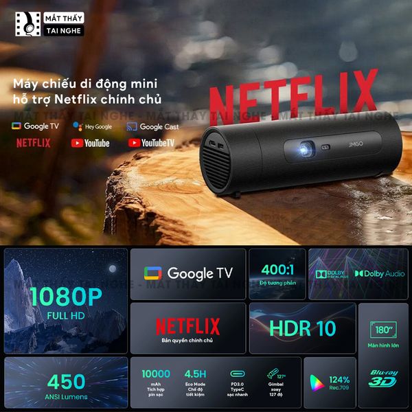 JMGO Picoflix - Máy chiếu thông minh tích hợp Google TV và hỗ trợ Netflix chính chủ, độ phân giải Full HD 1920x1080p, độ sáng 450 ansi lumens