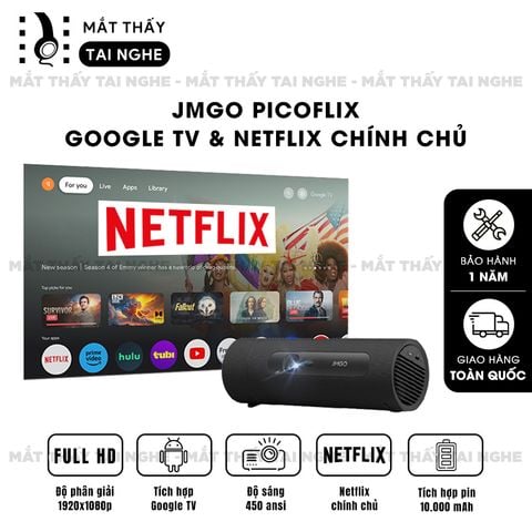 JMGO Picoflix - Máy chiếu thông minh tích hợp Google TV và hỗ trợ Netflix chính chủ, độ phân giải Full HD 1920x1080p, độ sáng 450 ansi lumens