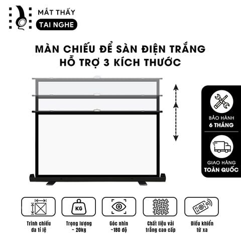 Màn chiếu để sàn điện trắng, chuyên dụng cho mọi loại máy chiếu, có điều khiển tự động lên xuống, góc nhìn 180 độ, loại cao cấp, cho chất lượng hình ảnh đẹp, sắc nét, thuận tiện di chuyển