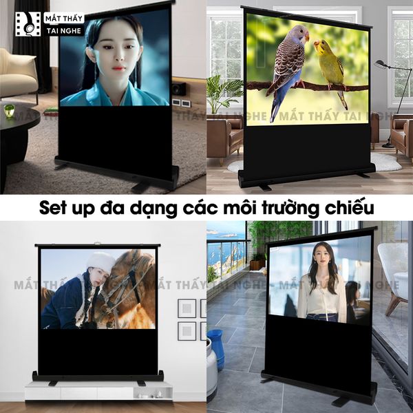Màn chiếu để sàn có chân dựng đứng 100inch góc nhìn 180 độ, cho chất lượng hình ảnh đẹp, sắc nét, thuận tiện di chuyển, dùng được cho mọi loại máy chiếu