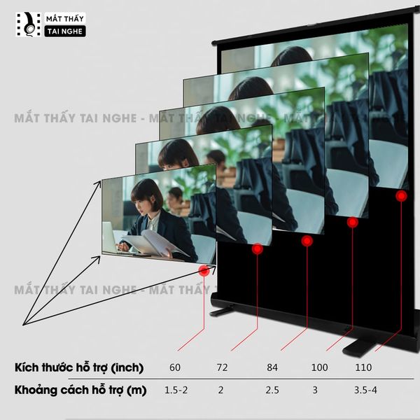 Màn chiếu để sàn có chân dựng đứng 100inch góc nhìn 180 độ, cho chất lượng hình ảnh đẹp, sắc nét, thuận tiện di chuyển, dùng được cho mọi loại máy chiếu