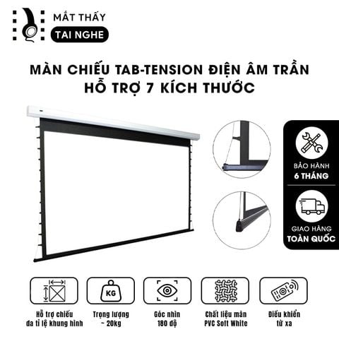 Màn chiếu Tab-tension điện âm trần tự động chất liệu PVC Soft White chất lượng cao, cho hình ảnh sắc nét, chuyên dụng cho mọi loại máy chiếu, hỗ trợ 7 kích thước