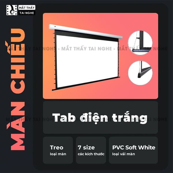 Màn chiếu Tab-tension điện tự động chất liệu PVC Soft White chất lượng cao, cho hình ảnh sắc nét, chuyên dụng cho mọi loại máy chiếu, hỗ trợ 7 kích thước