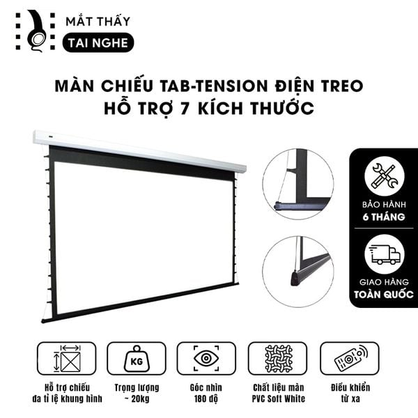 Màn chiếu Tab-tension điện tự động chất liệu PVC Soft White chất lượng cao, cho hình ảnh sắc nét, chuyên dụng cho mọi loại máy chiếu, hỗ trợ 7 kích thước