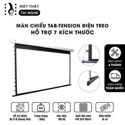 Màn chiếu Tab-tension điện tự động chất liệu PVC Soft White chất lượng cao, cho hình ảnh sắc nét, chuyên dụng cho mọi loại máy chiếu, hỗ trợ 7 kích thước