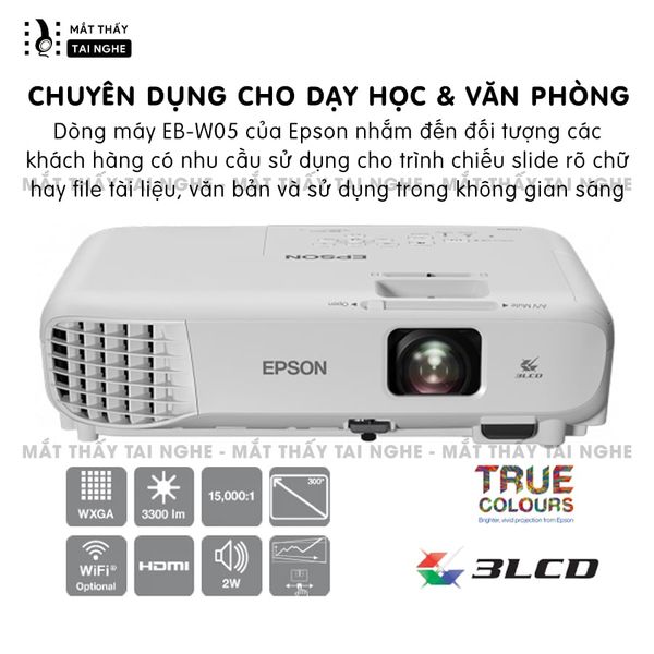 Epson EB-W05 - 99% - Máy chiếu WXGA 1280x800p, độ sáng 3.300 ansi, tương phản 15.000:1, hình ảnh nét đẹp, hỗ trợ trình chiếu dạy học & văn phòng cực sáng rõ