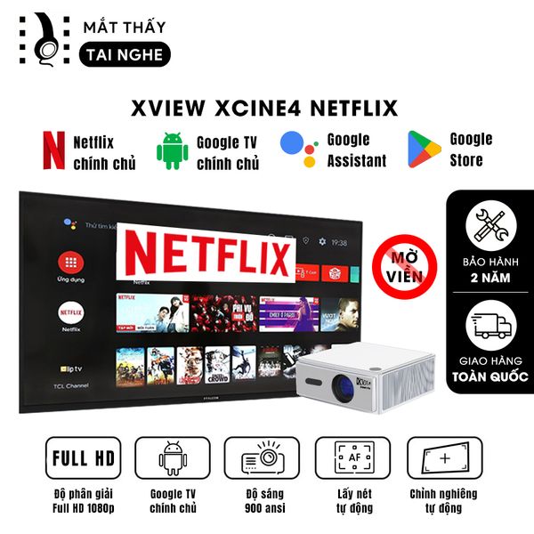 Xview Xcine4 Netflix - Máy chiếu mini tích hợp Google TV và Netflix chính chủ, độ sáng lên đến 900 ansi lumens, phân giải thực chuẩn Full HD 1080p, sử dụng công nghệ quang học mới nhất hạn chế 98% mờ viền, hỗ trợ Auto focus và Autokeystone
