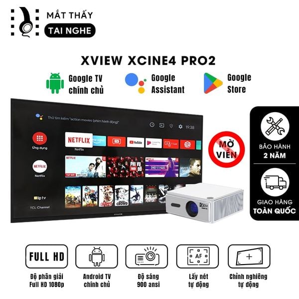 Xview Xcine4 Pro2 - Máy chiếu mini tích hợp Google TV chính chủ, hỗ trợ trợ lý ảo Google, độ sáng lên đến 900 ansi lumens, phân giải thực chuẩn Full HD 1080p, sử dụng công nghệ quang học mới nhất hạn chế 98% mờ viền, hỗ trợ Auto focus và Autokeystone