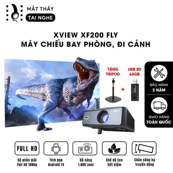 [TẶNG USB +  TRIPOD ĐỂ BÀN] Xview XF200 Fly- Máy chiếu LED LCD sáng nhất hiện nay, độ sáng lên đến 1.800 ansi, phân giải thực chuẩn Full HD 1080p, hỗ trợ hệ điều hành Android TV mượt mà và chân giá truyền động điện tử thông minh