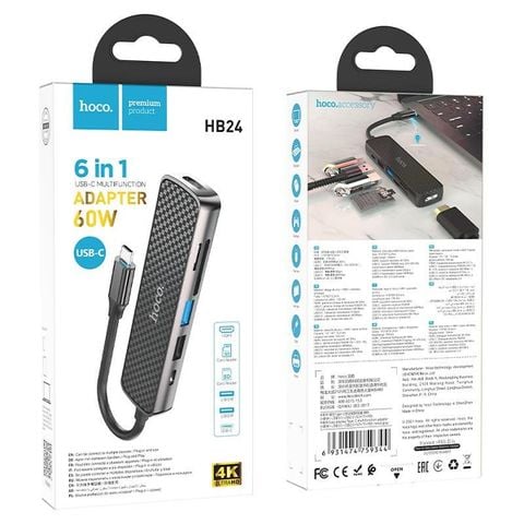 Bộ chuyển đổi Hub Hoco HB24 6in1 TypeC ra HDMI + USB3.0 + USB2.0 + SD + TF + PD TypeC 60W