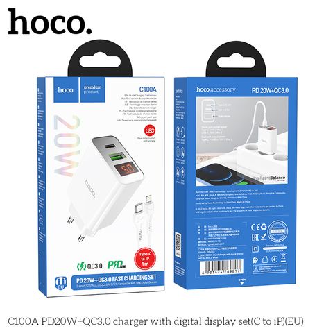 Bộ sạc nhanh Hoco 20w C100A 2 cổng usb+typec kèm led