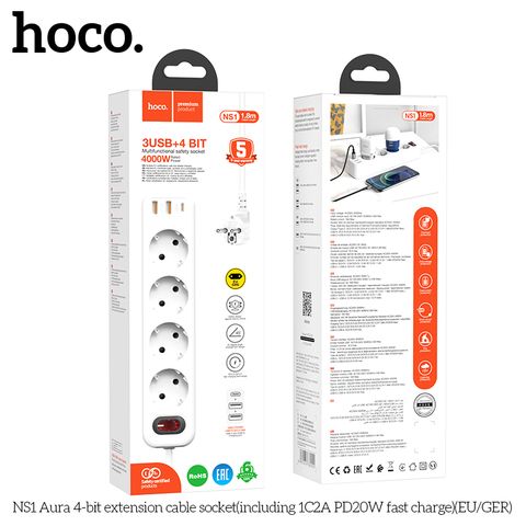 Ổ cắm điện Hoco NS1 (4 bit + 2 USB3.0 + PD20W)