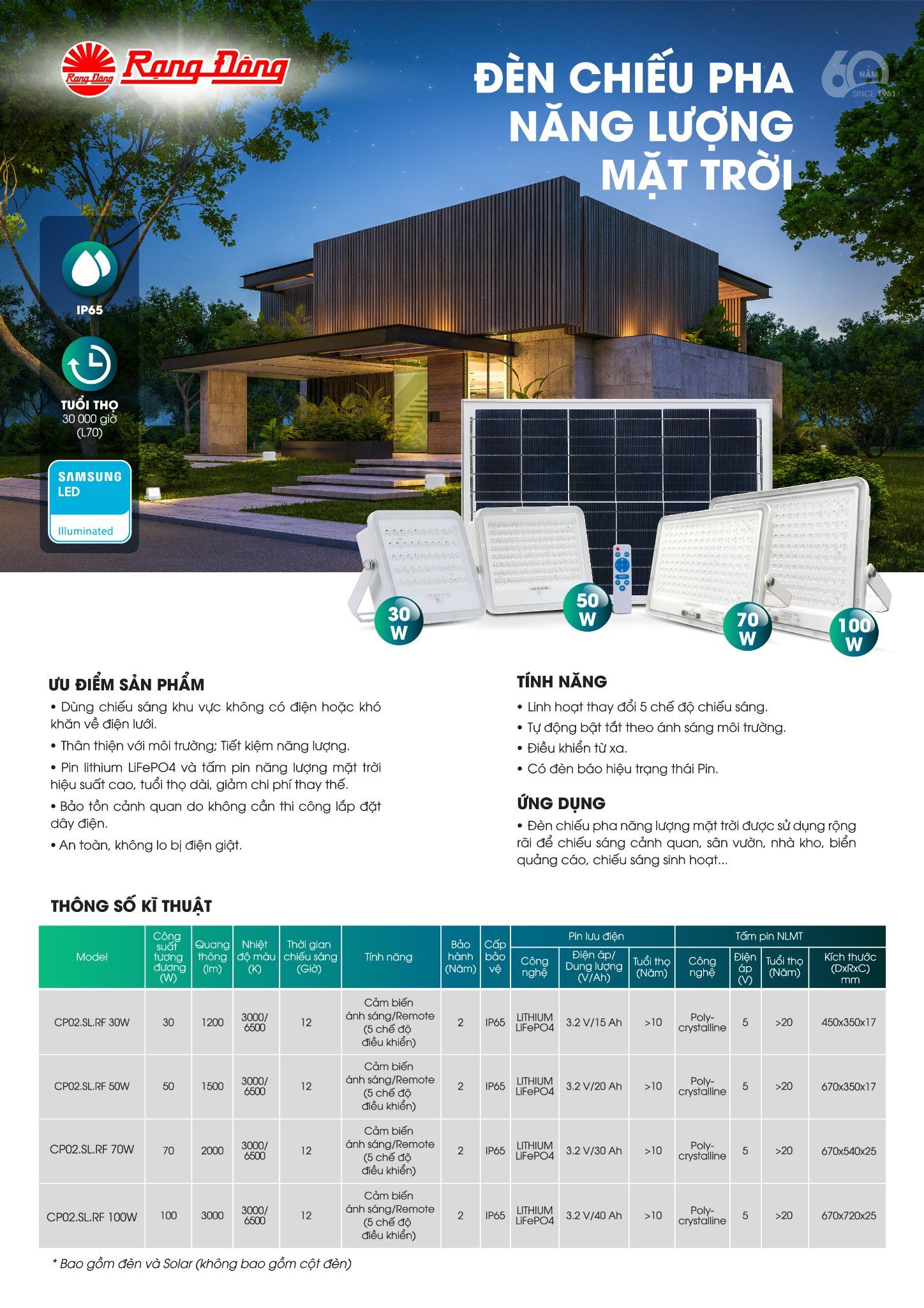  ĐÈN NĂNG LƯỢNG MẶT TRỜI RẠNG ĐÔNG 30W Model: CP02.SL.RF 30W 