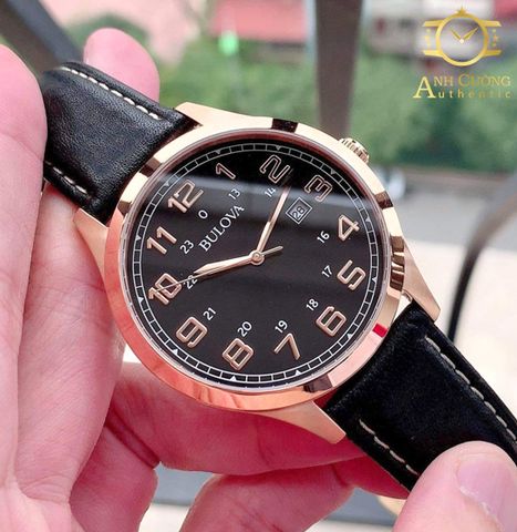 Đồng hồ Bulova Rose Gold-tone Case Black Leather Strap 97B164