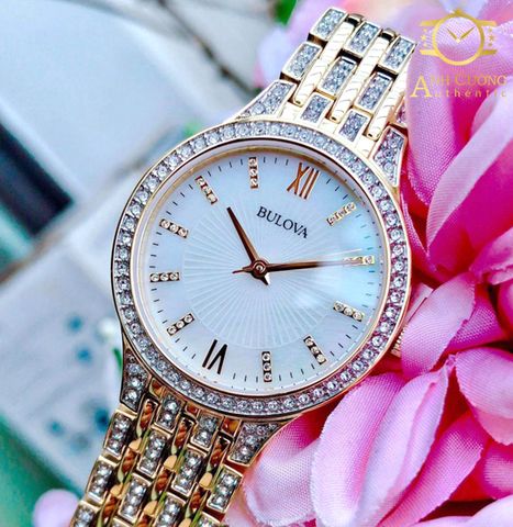 Đồng hồ Bulova Goldtone Crystal Mother of Pearl Dial Ladies watch 98L234