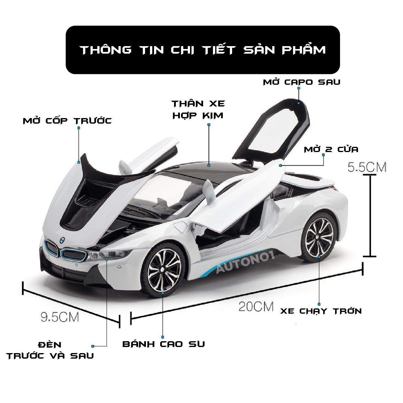  Mô hình xe BMW i8 tỉ lệ 1:22 Jiaye Model OT387 