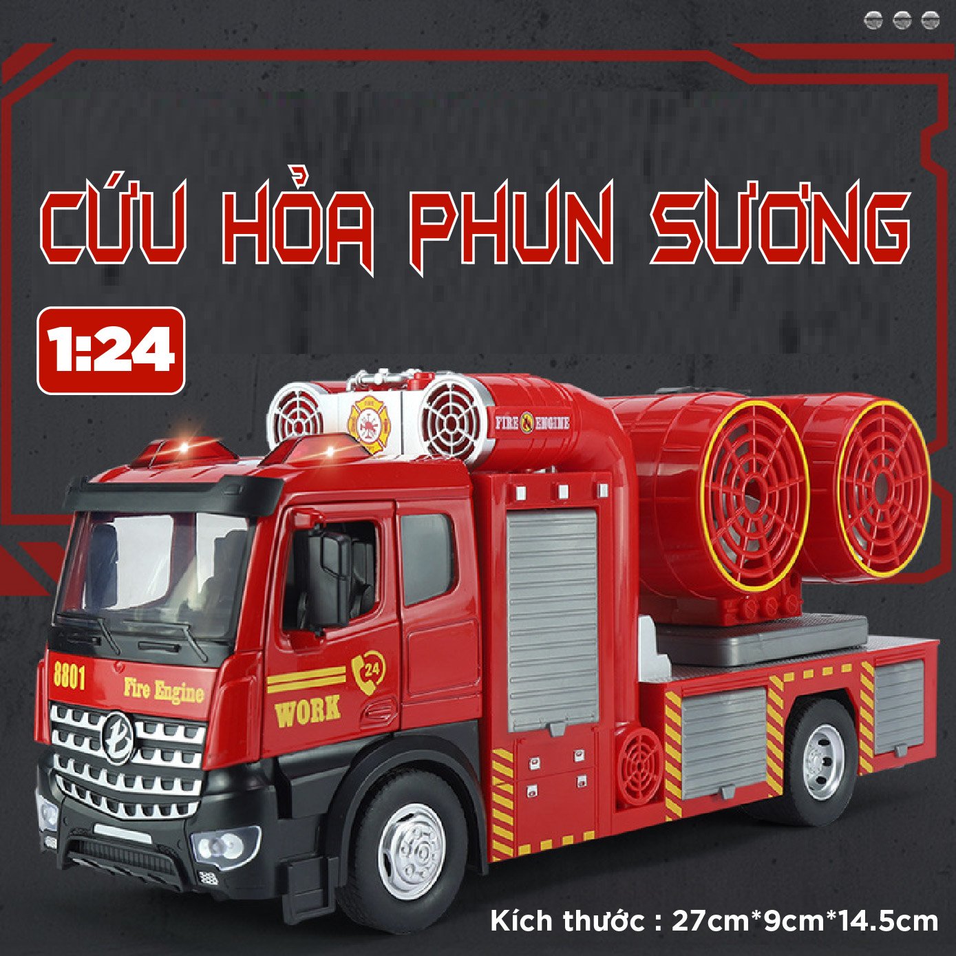  Mô hình xe cứu hỏa trục xoay phun khói tỉ lệ 1:24 Metal DieCast OT432 