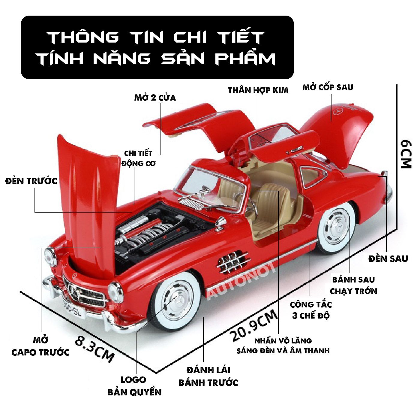  Mô hình xe Mercedes-Benz 300 SL full open có đèn có âm thanh đánh lái được tỉ lệ 1:24 Jinlifang OT433 