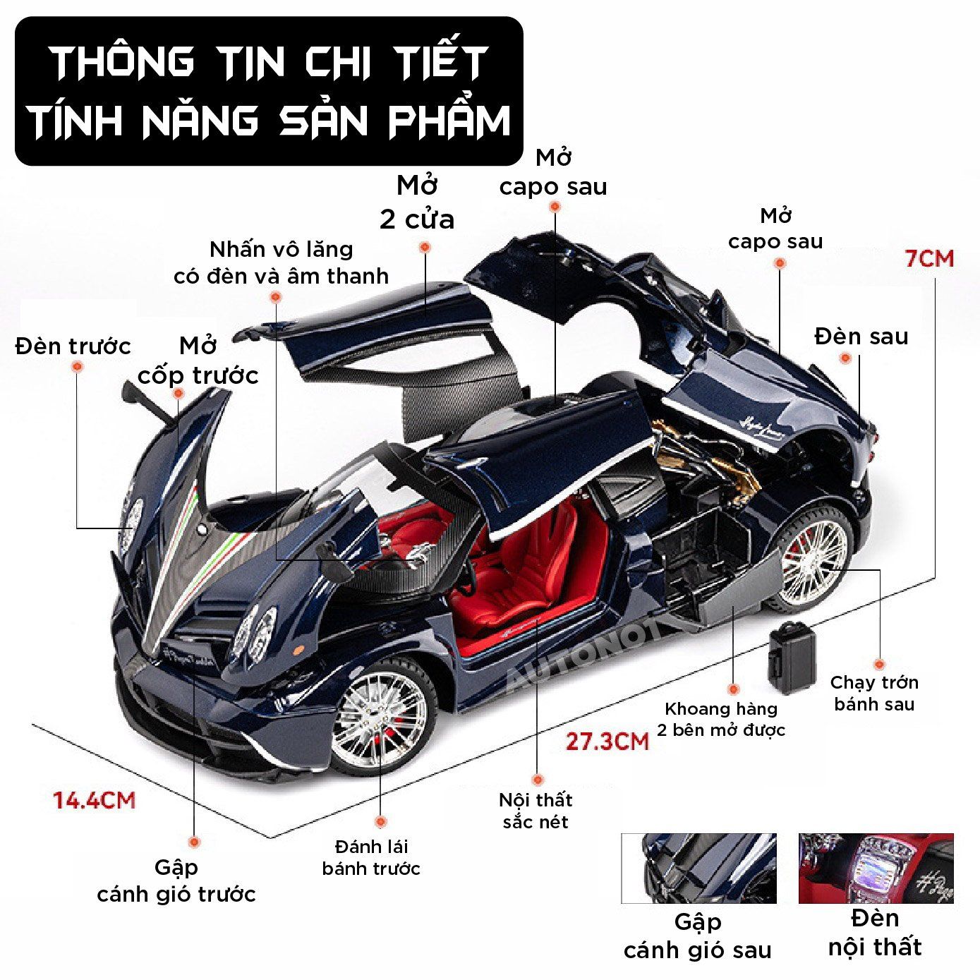  Mô hình xe Pagani Huayra đánh lái được full kính full open tỉ lệ 1:18 Chezhi OT393 