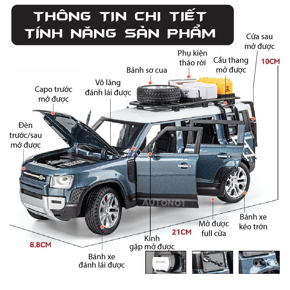  Mô hình xe ô tô Land rover Defender full open có phụ kiện đi kèm - có đèn có âm thanh tỉ lệ 1:24 Chezhi OT440 