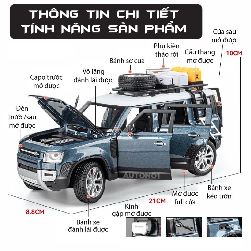  Mô hình xe ô tô Land rover Defender full open có phụ kiện đi kèm - có đèn có âm thanh tỉ lệ 1:24 Chezhi OT440 