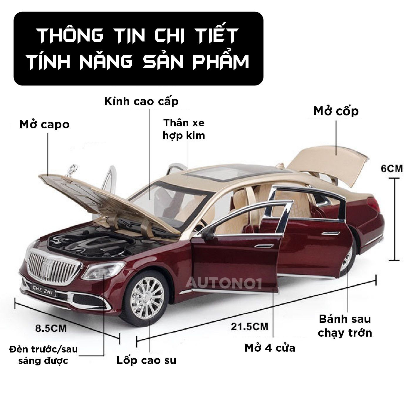  Mô hình xe Mercedes Maybach S600 full open tỉ lệ 1:24 Chezhi OT443 