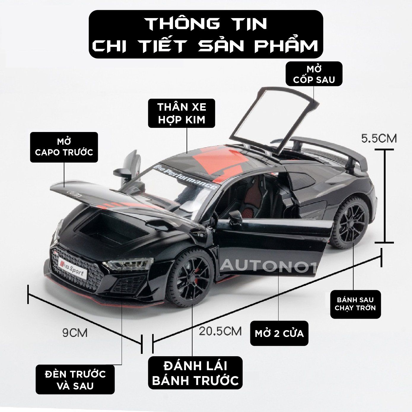  Mô hình xe Audi R8 V10 full open , đánh lái được tỉ lệ 1:24 Miniauto OT354 