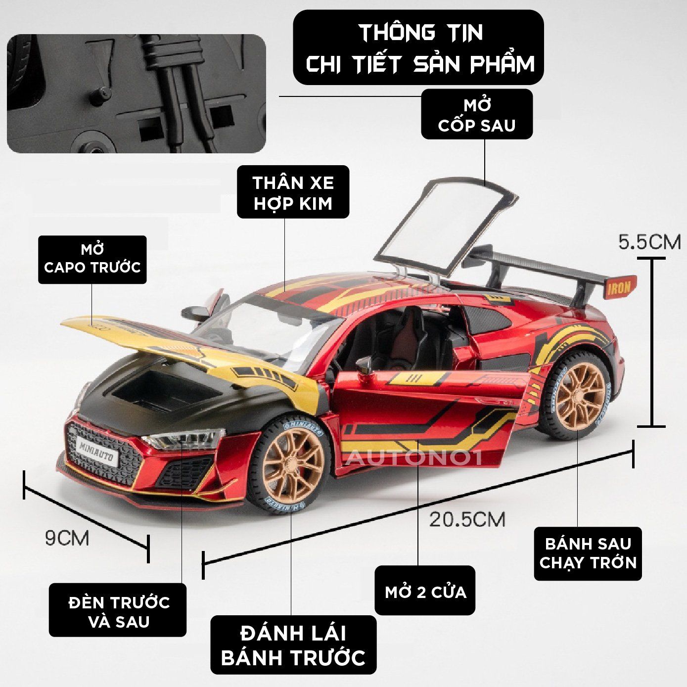  Mô hình xe Audi R8 V10 full open , đánh lái được tỉ lệ 1:24 Miniauto OT354 