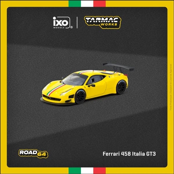  Mô hình xe Ferrari 458 Italia GT3 Yellow tỉ lệ 1:64 Tarmac Works 合金 T64R-073-YL 