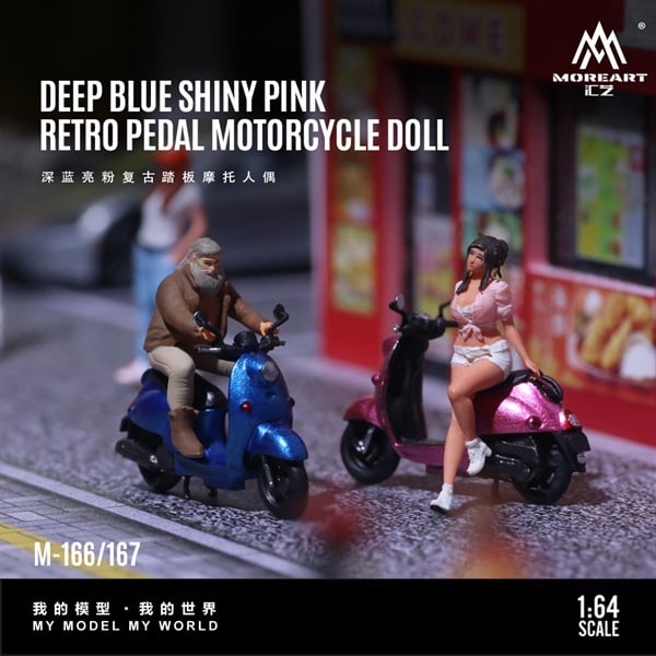  Mô hình nhân vật figure nam chạy xe xanh Deep Blue Retro Pedal Motorbike tỉ lệ 1:64 MoreArt MO222167 
