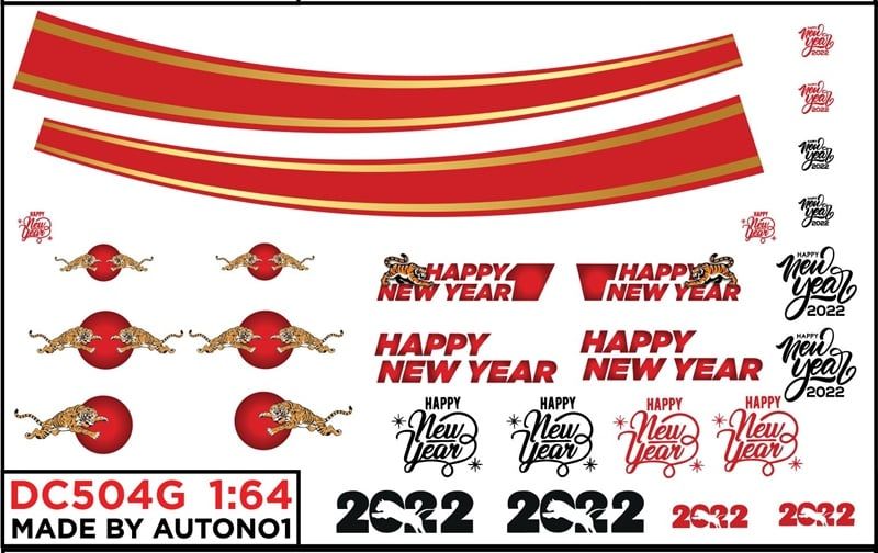 DECAL NƯỚC HAPPY NEW YEAR 2022 RED 1:64 AUTONO1 DC504G