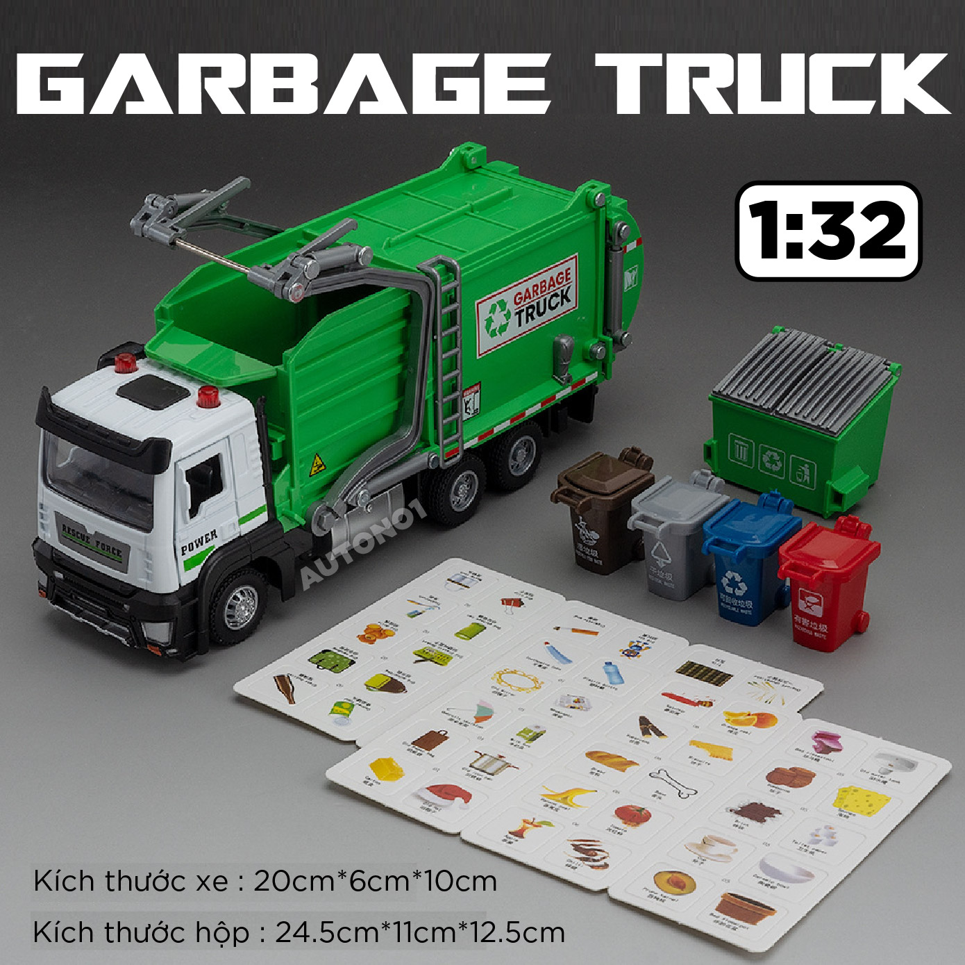  Mô hình xe chuyên dụng thu gom rác có đèn - âm thanh kích thước 1:32 Alloy Model OT477 