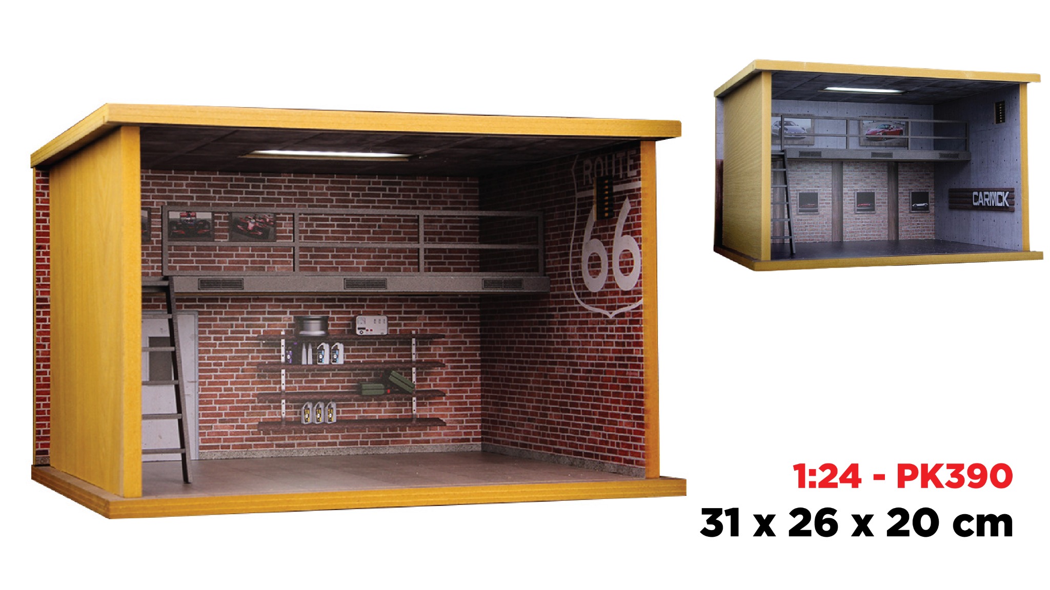  Hộp trưng bày gỗ 2 tầng garage xe tỉ lệ 1:24 - có đèn - có mica 31x26x20cm PK390 771240 