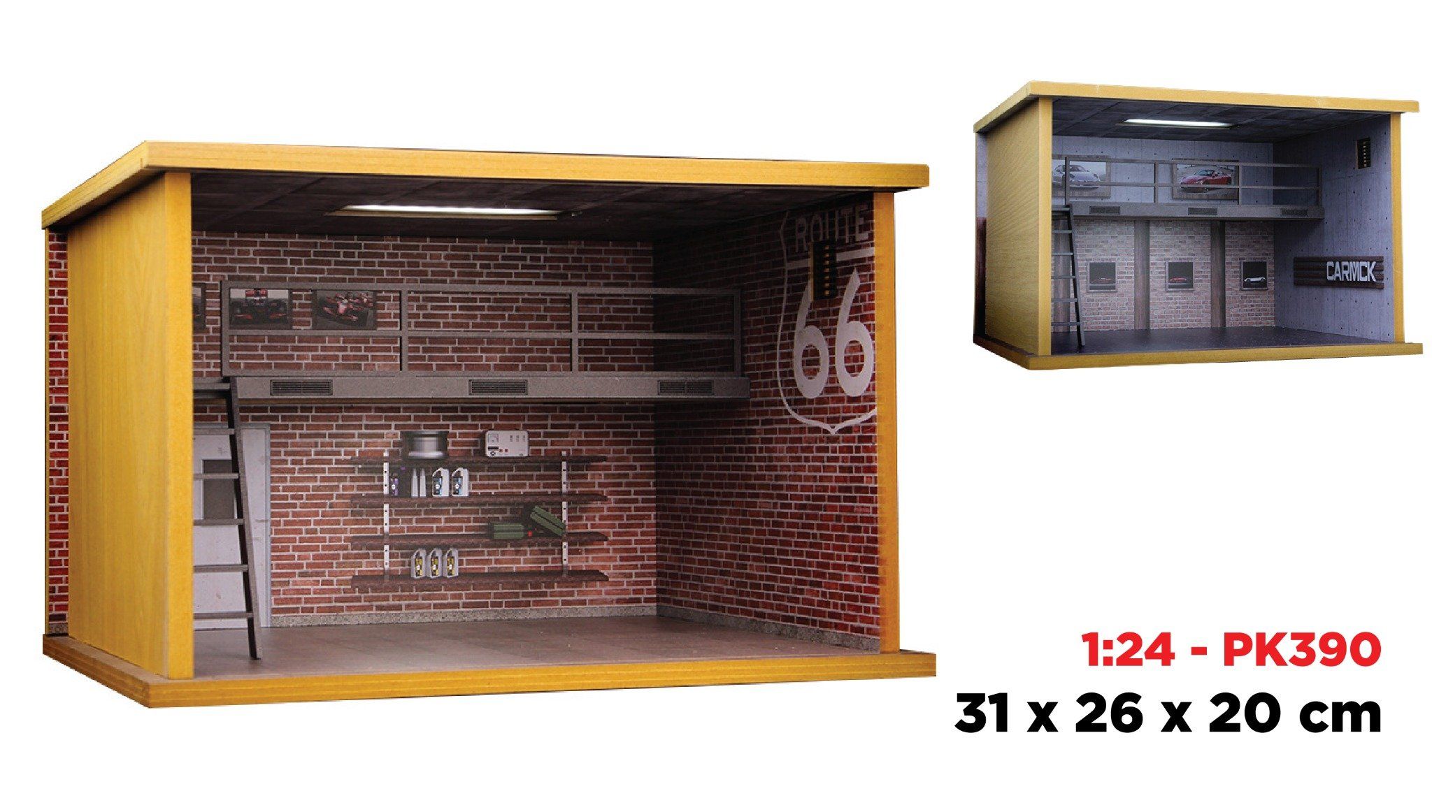  Hộp trưng bày gỗ 2 tầng garage xe tỉ lệ 1:24 - có đèn - có mica 31x26x20cm PK390 771240 