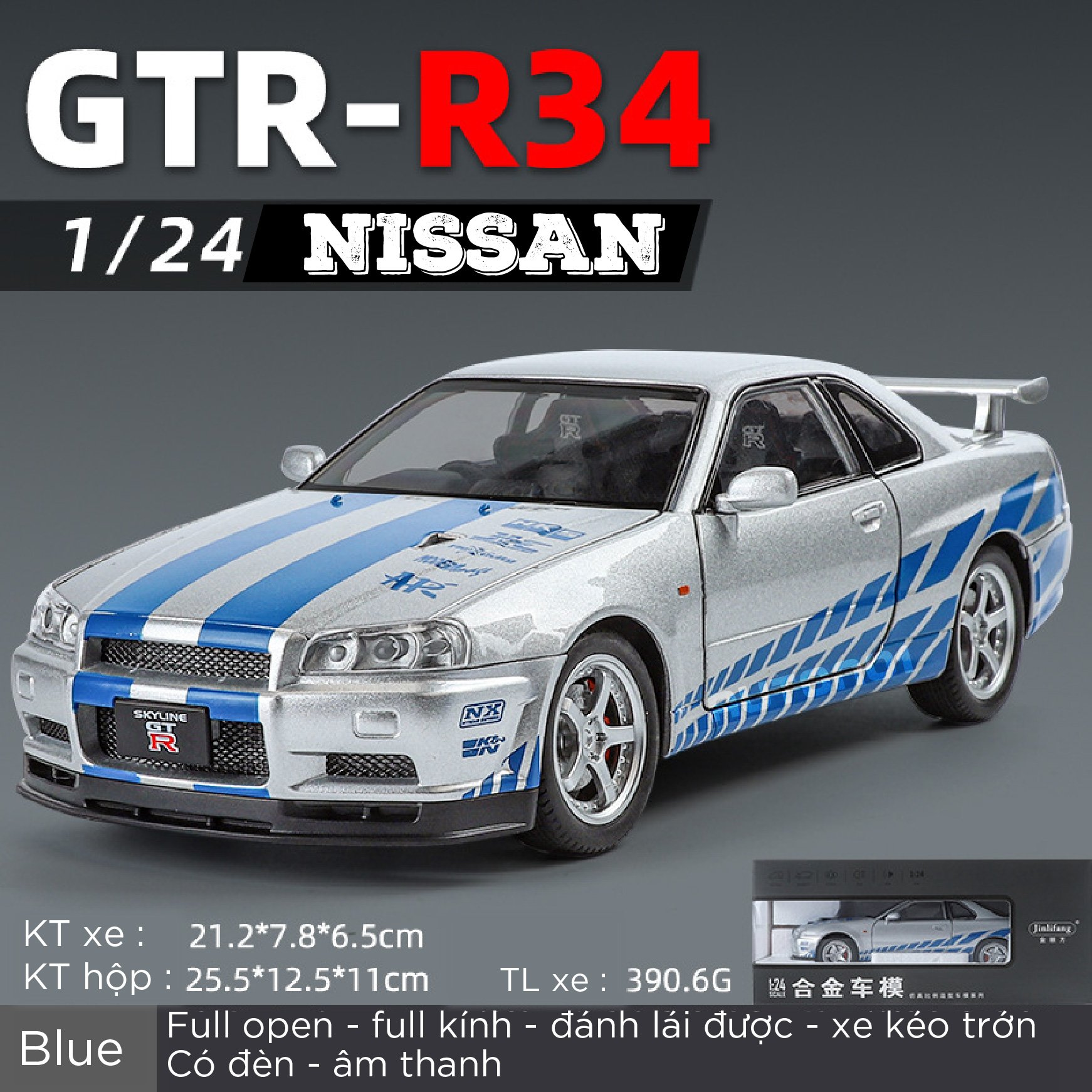  Mô hình xe ô tô Nissan Skyline GT-R R34 Fast & Furious F&F full open - full kính - đánh lái được - có đèn/âm thanh tỉ lệ 1:24 Jinlifang OT512 