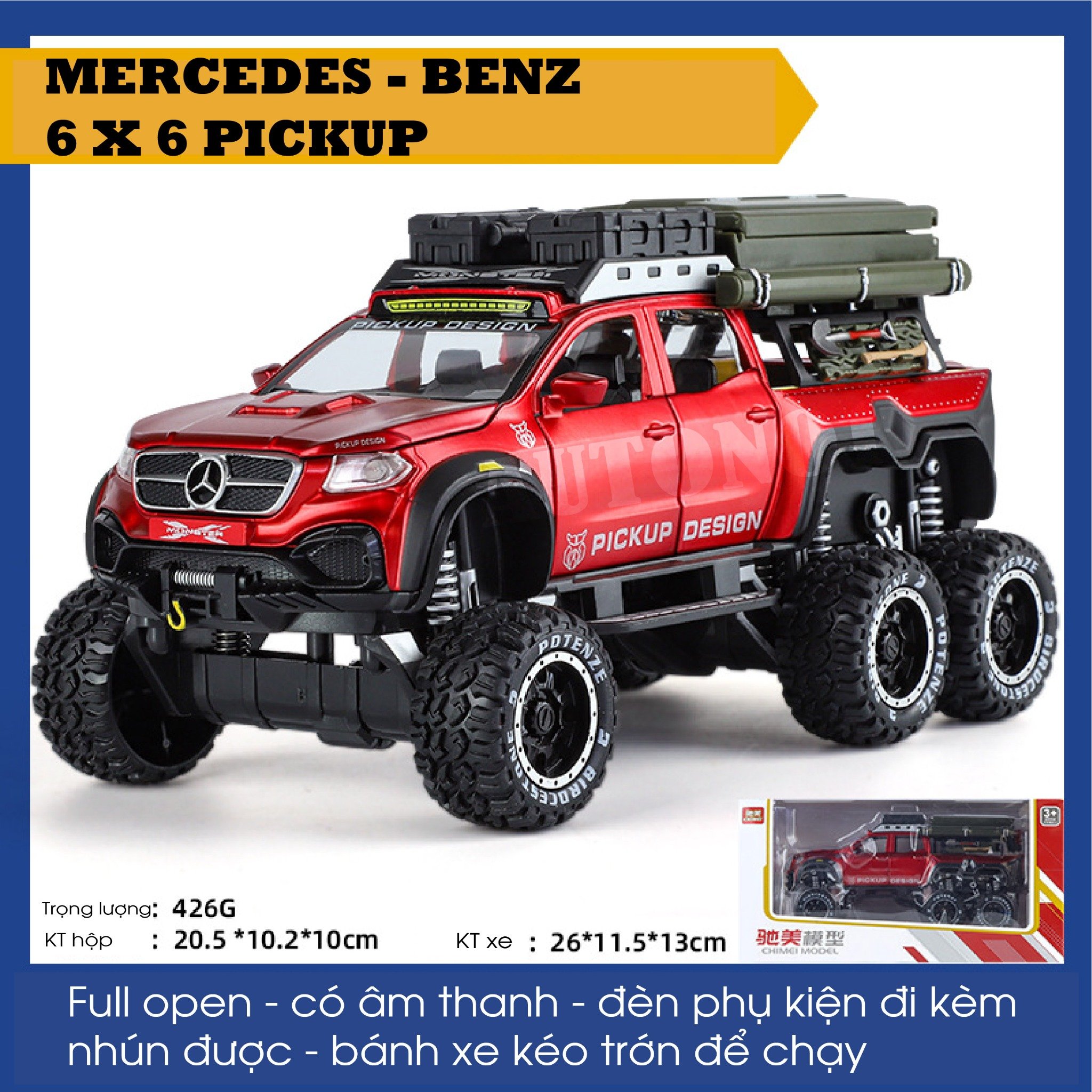  Mô hình xe Mercedes Benz Pickup 6x6 có phụ kiện camping đi kèm - có âm thanh - đèn tỉ lệ 1:32 Chimei OT32020 