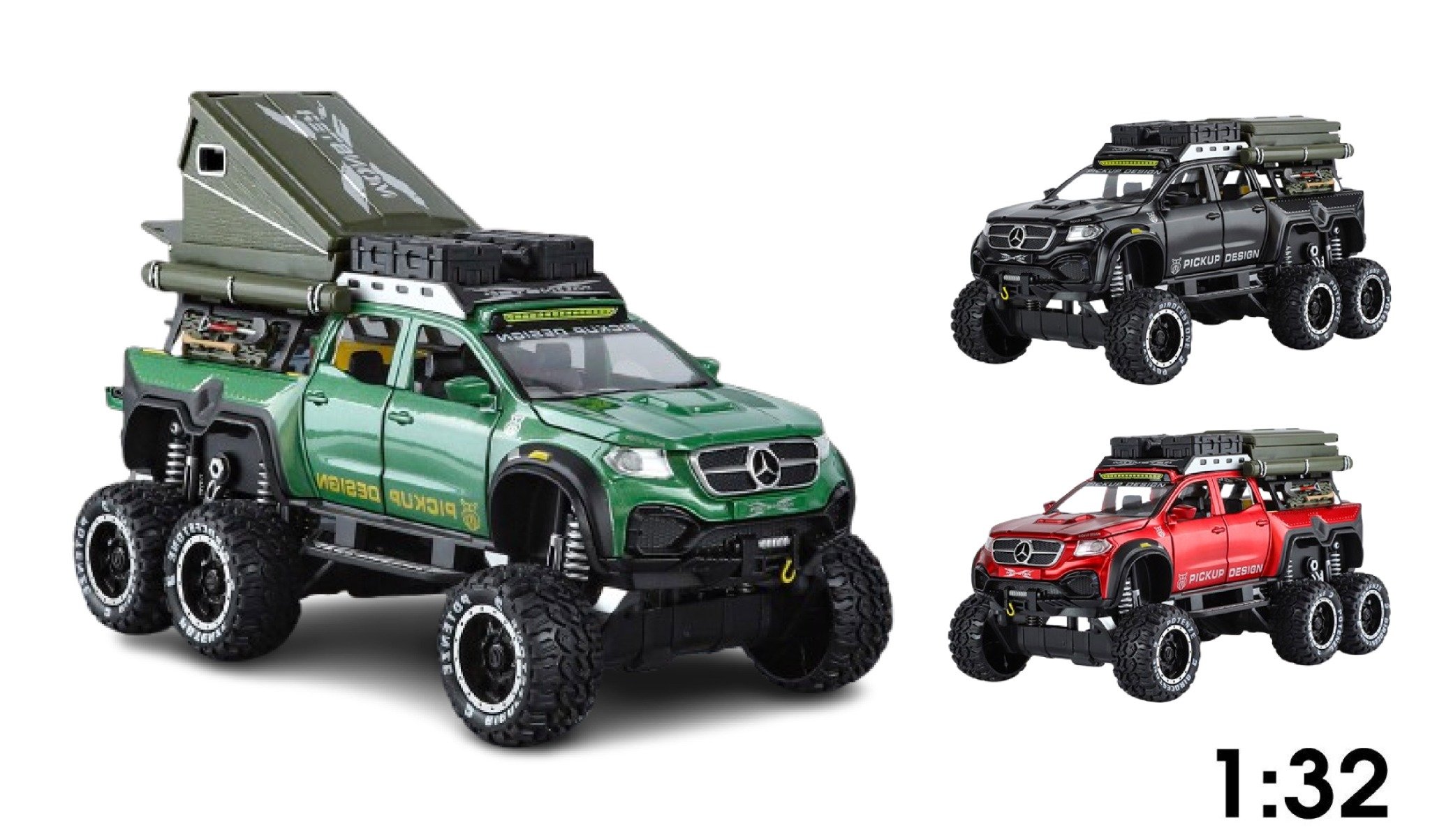  Mô hình xe Mercedes Benz Pickup 6x6 có phụ kiện camping đi kèm - có âm thanh - đèn tỉ lệ 1:32 Chimei OT32020 