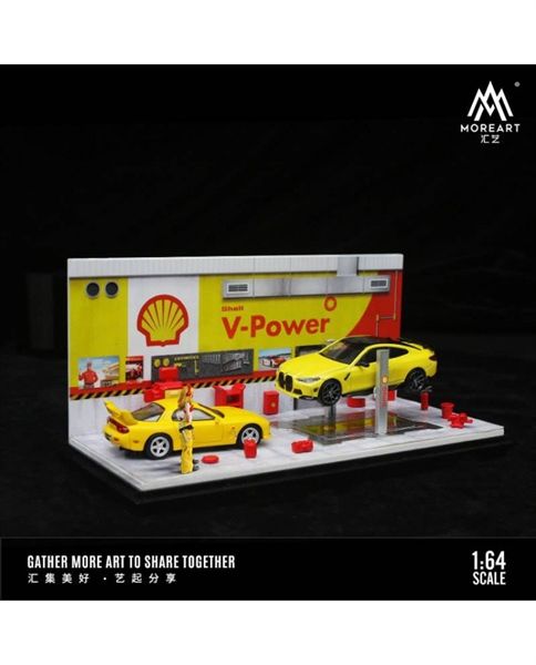  Hộp trưng bày mica xưởng sửa chữa ô tô có bàn nâng , có fig Shell V-Power tỉ lệ 1:64 MO641072 