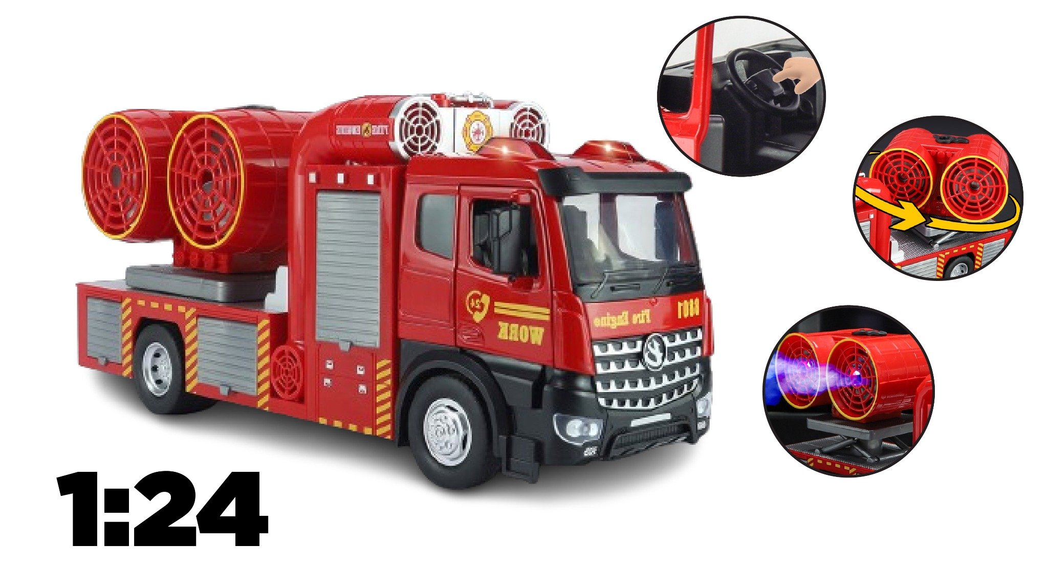  Mô hình xe cứu hỏa trục xoay phun khói tỉ lệ 1:24 Metal DieCast OT432 