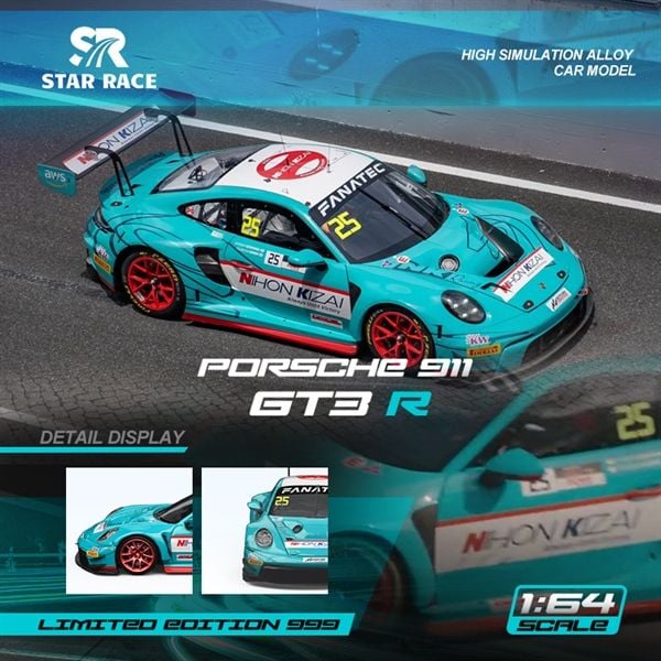  Mô hình xe SR Porsche 911 GT3 R-Light Blue 25 Racing Car tỉ lệ 1:64 Star Race SR64037 