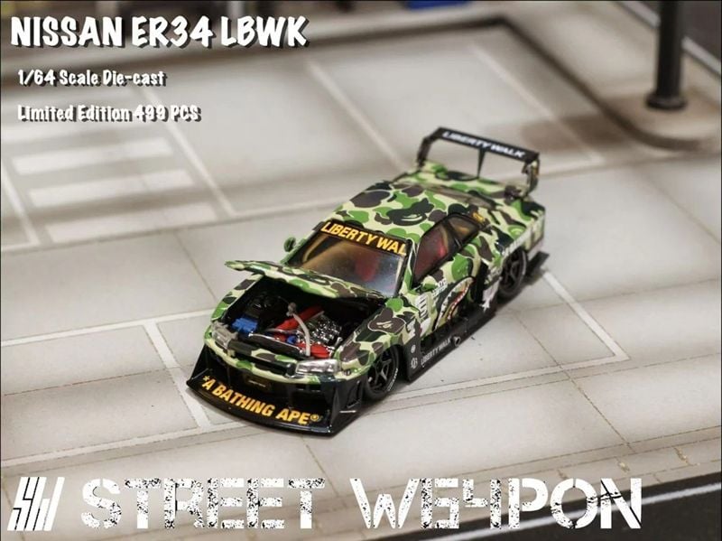  Mô hình xe Nissan Skyline Super Silhouette ER34 BAPE CAMO mở capo limited 499pcs tỉ lệ 1:64 Street weapon OT64230 