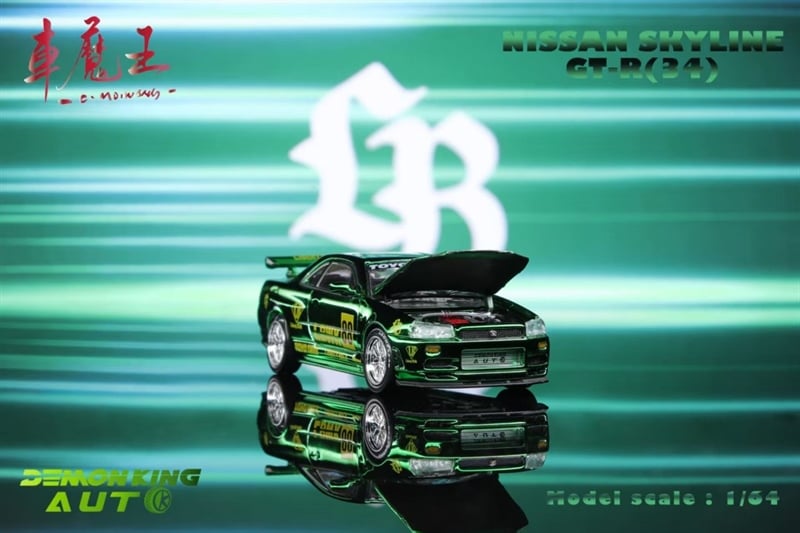  Mô hình xe Nissan Skyline GT-R R34 Z-Tune Transparent green mở được capo tỉ lệ 1:64 Demon king OT64395 