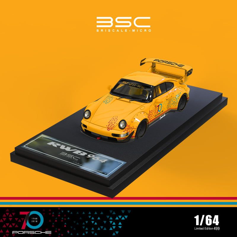  Mô hình xe Porsche 964 RWB Rauh Welt 70th Anniversary yellow limited edition 499pcs tỉ lệ 1:64 BSC model BSC640852 