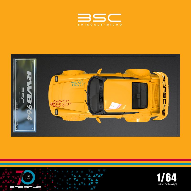  Mô hình xe Porsche 964 RWB Rauh Welt 70th Anniversary yellow limited edition 499pcs tỉ lệ 1:64 BSC model BSC640852 