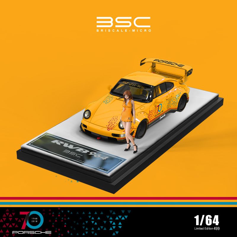  Mô hình xe Porsche 964 RWB Rauh Welt 70th Anniversary yellow limited edition 499pcs tỉ lệ 1:64 BSC model BSC640852 