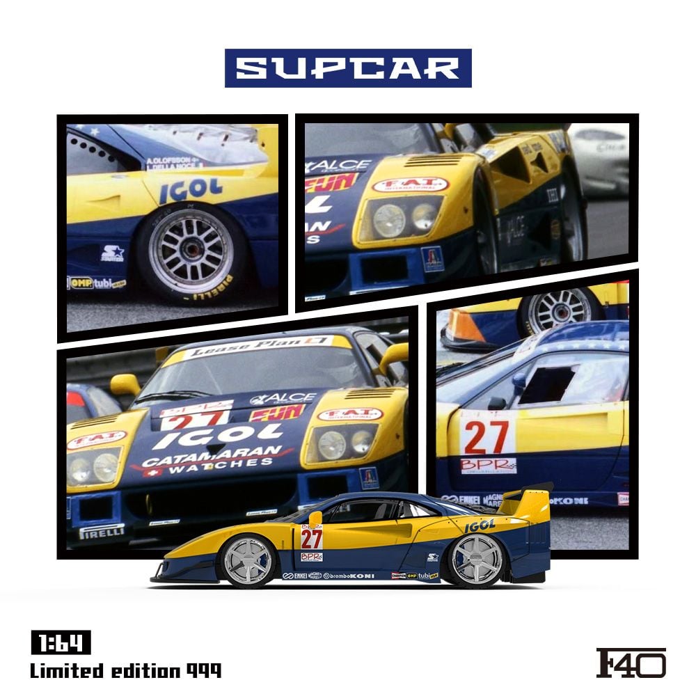  Mô hình xe Ferrari F40 Race IGOL yellow blue #27 limited edition 999pcs tỉ lệ 1:64 Supcar SC64024 